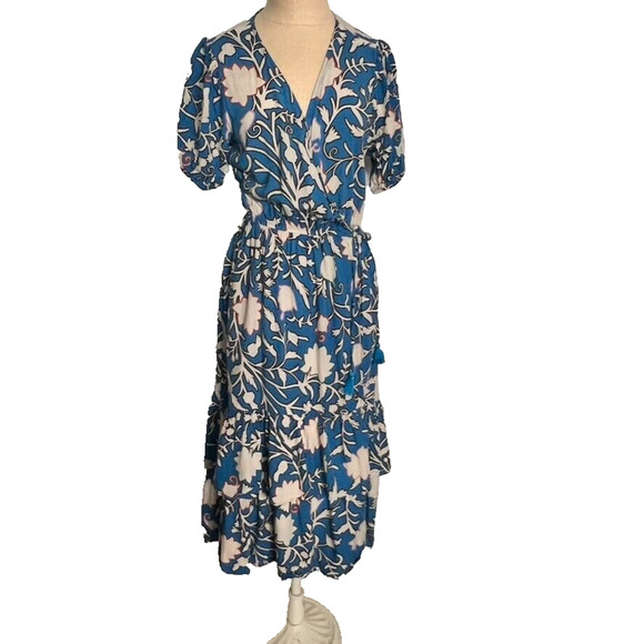 Knox Rose Maxi Dress Womens Medium Blue Short Sleeve Wrap Floral Tiered Tassel - Picture 1 of 14